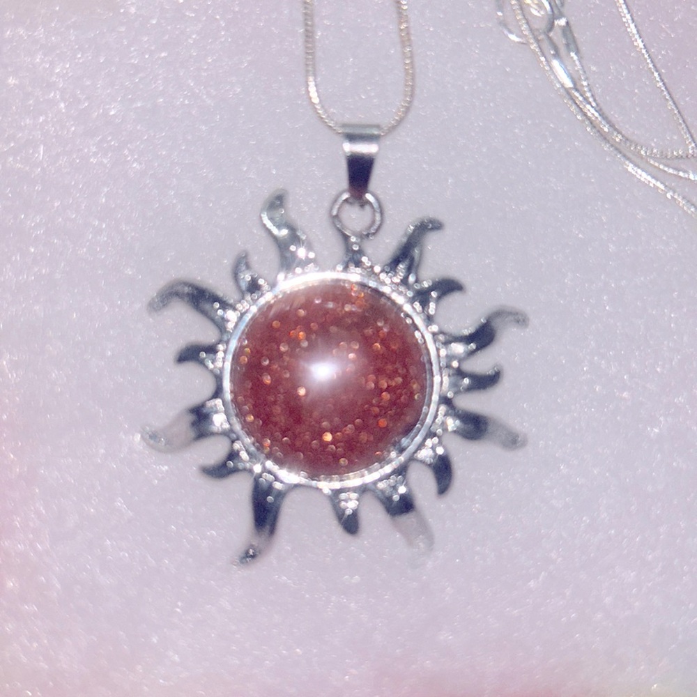 Boho hippie Goldstone Crystal Sun Sterling Silver Necklace 16”